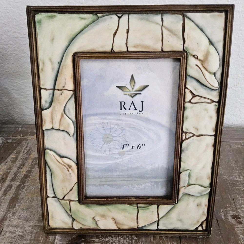 RAJ Collection Dolphin Picture Frame 4x6 Cream Resin Coastal Nautical Decor